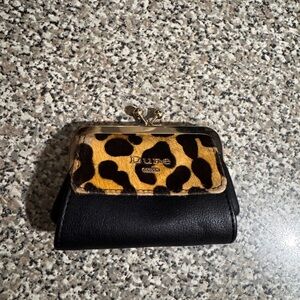 Dune London Black Leather Coin Purse with Leopard Print Flap and Gold Hardware